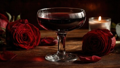 Dark romantic setting features a glass of deep red beverage surrounded by velvet roses and a lit candle.