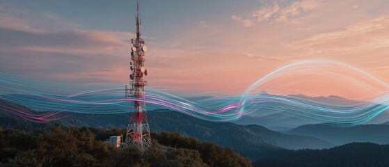 Obraz premium Advanced communication technology, data transfer, wireless connection, and wireless communication tower signal