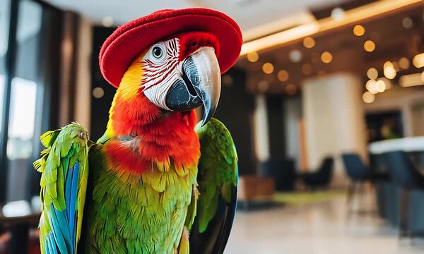 Vibrant Macaw Parrot with a Stylish Red Hat Poses in a Contemporary Interior Space.
