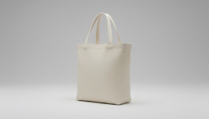 A blank, beige tote bag with long handles stands isolated on a soft gray background