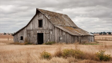 Fototapeta premium Rustic Weathered Barn Surrounded by Golden Grassland Under Gray Sky