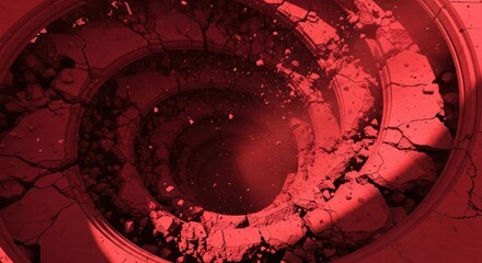 Spiral architectural structure shows significant fragmentation and debris falling into a deep central void.