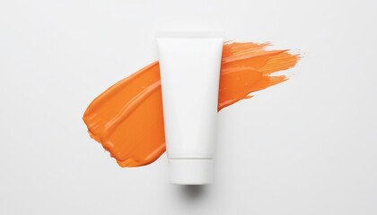 White tube of cream sits atop a swatch of orange paint on a clean white background