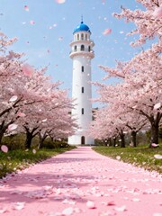 Lighthouse with cherry blossom pathway