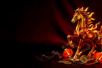 Golden Chinese Zodiac Horse with Red Lanterns and Coins on Dark Background