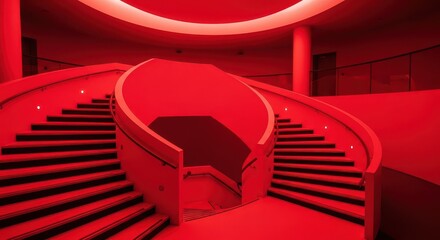 Interior architectural space features a dramatic bifurcated staircase illuminated entirely in intense red light