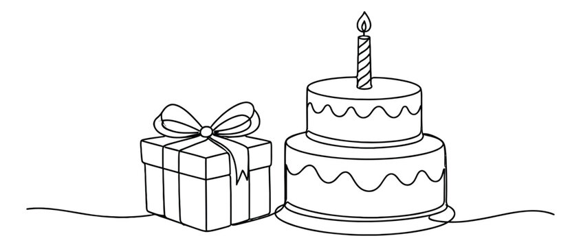 Hand drawn continuous line art celebration objects set featuring a gift box and a tiered cake with a burning candle for birthday parties and special occasions