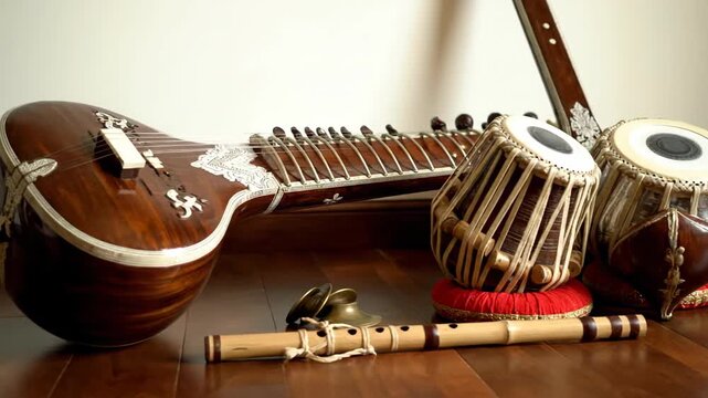 Traditional Indian Musical Instruments Sitar Tabla Flute Bansuri