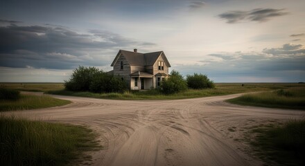 Dilapidated farmhouse stands at a diverging crossroads in a vast, open landscape under a dramatic sky