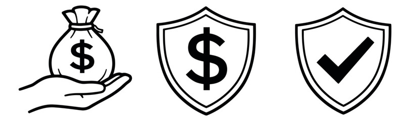 Hand drawn line art financial security icon set featuring a money bag in a hand, a dollar shield, and a checkmark shield for financial protection