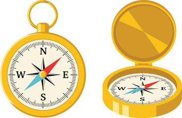 Golden compass vector illustration set with open and closed navigation instruments for travel exploration and orientation © MdAbdul