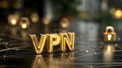 VPN gold metal and Golden Lock for internet protection in technology. Network and Lock System for Digital Protection