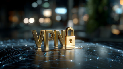 VPN gold metal and Golden Lock for internet protection in technology. Network and Lock System for Digital Protection