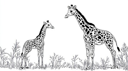 Giraffe mother and calf in African savanna.  Possible stock use Wildlife