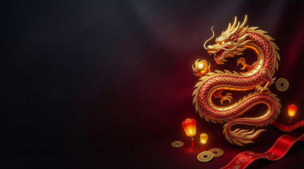 Luxury Golden Dragon with Red Lanterns and Coins, Chinese New Year Concept