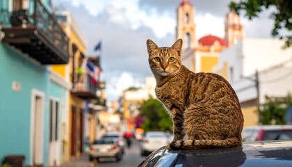 A tabby cat sits on a car in a colorful street in Old San Juan Puerto Rico.