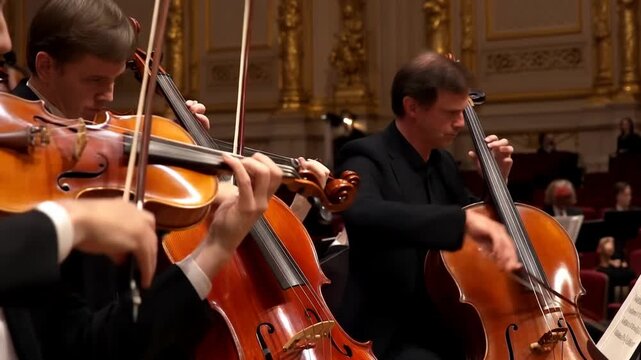 Cellists and violinists perform on stage, classical music concert performance