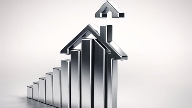 Silver house real estate housing market property growth investment concept mortgage home value house price finance economy symbol rising bar graph shows real estate housing market growth silver bar
