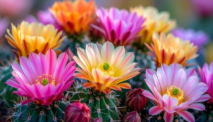 Close-up of vibrant cactus blooms in pink, yellow, and orange, blurring background