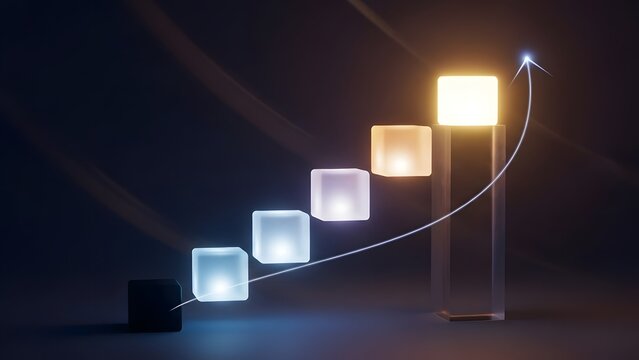 Illuminated growth chart with rising line and glowing rectangular blocks in a dark setting - Powered by Adobe