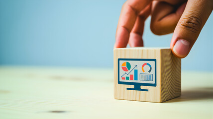 Hand placing a wooden block featuring a monitor icon displaying diverse charts and graphs, representing business data analysis, growth strategy, and performance management