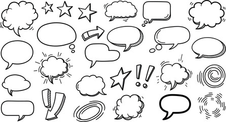 Hand drawn comic speech bubbles, black and white sketch talk clouds, dialogue balloons and star icons, communication elements for graphic design, vector illustration © MSTIRIN