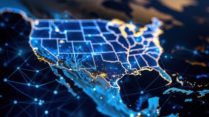 Detailed Visual Map of United States with Network Connections and Illuminated Cities