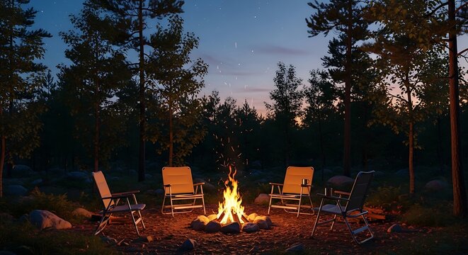 Four empty folding chairs surround a crackling campfire in a twilight forest clearing
