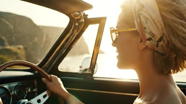 Woman driving a vintage convertible car on a sunny day.