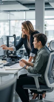 Professional colleagues collaborating office setting computers technology