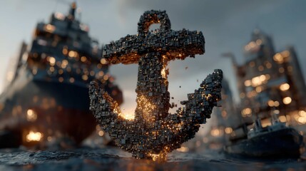 An anchor made of solid data-bits holding a ship steady in a stormy sea, representing data-driven stability in a volatile market