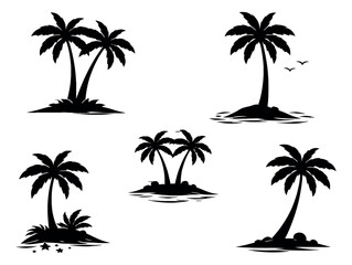 Black silhouette palm tree set featuring multiple tropical island variations for vacation and travel projects
