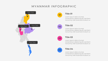 Myanmar map infographic template with 4 options. Myanmar administrative map infographic for presentation.