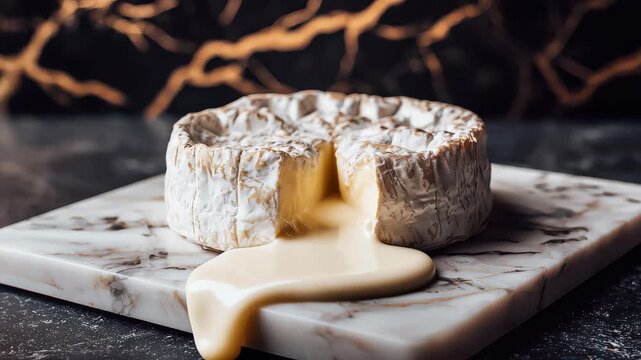 Freshly baked cheese sits on a marble slab with warm, melted texture flowing out and a dark background featuring a golden pattern