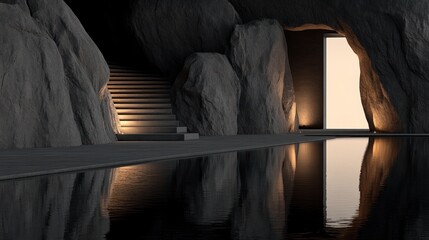 A minimalist pool setting, with stone walls and a stairway, is elegantly lit by soft, warm light.
