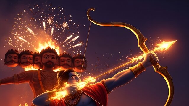 Epic Illustration of Rama Aiming Arrow to Defeat Ravana During Dussehra