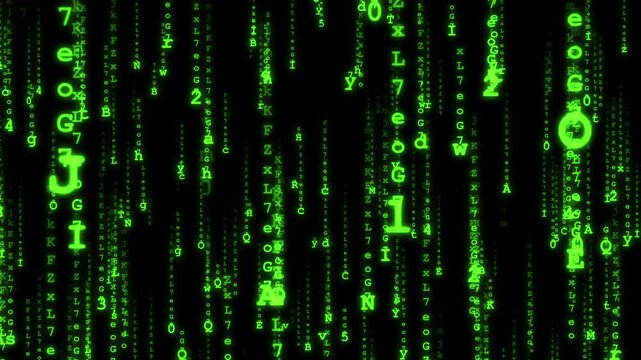 Green raining binary code animation, Green binary rain code digital atmosphere in an immersive tech environment 4K