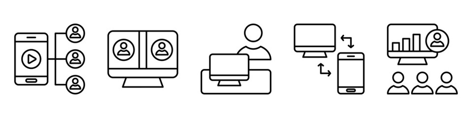 remote communication icon set. for online meeting. icon set contain video conference, virtual meeting, remote worker, remote access, online presentation. simple vector line illustration.
