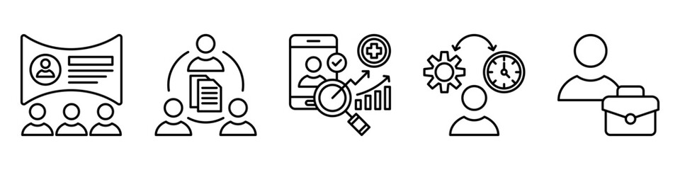 work management icon set. for job process. icon set contain online training, document collaboration, remote health check, time management, employment. simple vector line illustration.