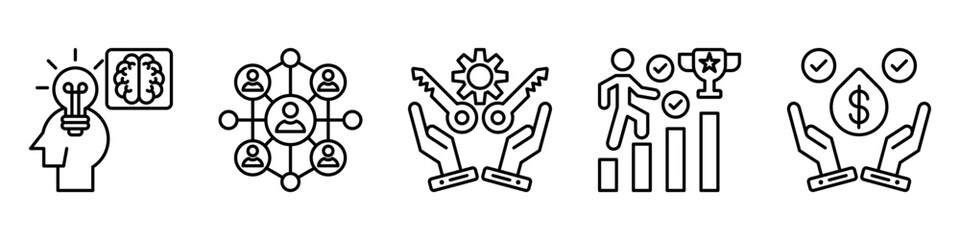 personal value icon set. for professional mindset. icon set contain mindset, networking, ownership, success, value. simple vector line illustration.