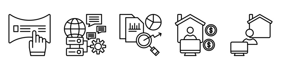 data work icon set. for online services. icon set contain online form, server management, data analysis, freelance work, work at home. simple vector line illustration.
