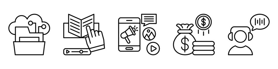 cloud business icon set. for digital service. icon set contain cloud storage, tutorial, digital marketing, budget, live chat. simple vector line illustration.