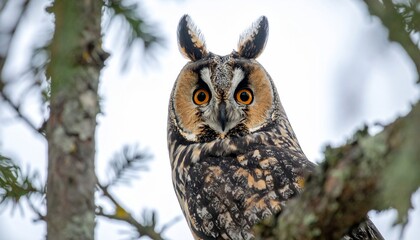 A striking long-eared owl perched among pine branches, eyes fixed forward