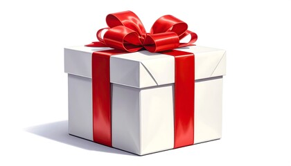Obraz premium A beautifully wrapped white gift box with a vibrant red ribbon and bow, isolated on a clean white background, symbolizing celebration and surprise.