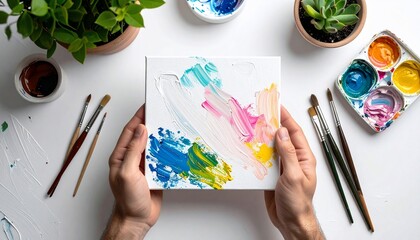 Artist holds a canvas with colorful brushstrokes, surrounded by paints and brushes on white
