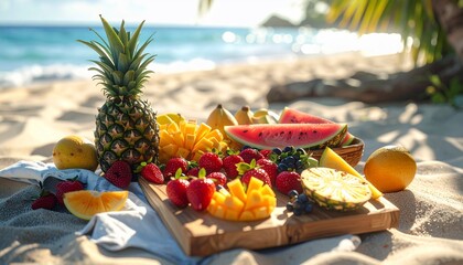 Beachside spread featuring various fresh fruits, artfully arranged on a wooden board
