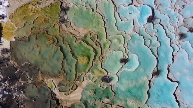 Panorama of multi-colored pond of Huanglong Scenic and Historic Interest Area