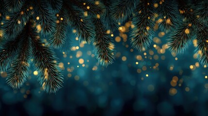A festive, dark teal background showcases detailed evergreen branches, adorned with golden highlights and glittering bokeh lights.