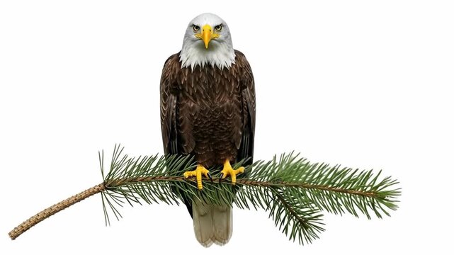 Majestic Bald Eagle Perched on Pine Branch Isolated on White Background.