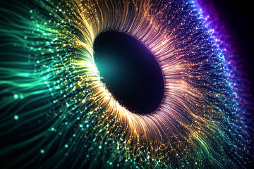 AI generated abstract bio cosmic artwork featuring a glowing eye like core with radiant energy strands symbolizing consciousness perception neural connection and futuristic intelligence